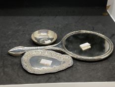 Hallmarked Silver: Hand mirror hallmarked Birmingham. Plus two white metal items, one pin tray and