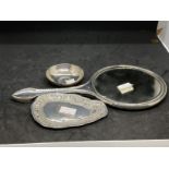 Hallmarked Silver: Hand mirror hallmarked Birmingham. Plus two white metal items, one pin tray and