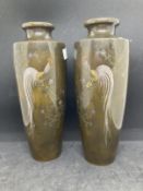 19th cent. Japanese pair of mixed metal vases Meiji period, each depicting a cockerel on a Prunus