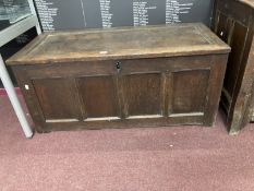 18th cent. Oak coffer single panel to the top, four panelled front, replaced hinges. 48ins. x 22½