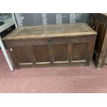 18th cent. Oak coffer single panel to the top, four panelled front, replaced hinges. 48ins. x 22½