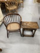 18th cent. Style oak joint stool, and a small oak Deco style captain's chair, bergere spindle