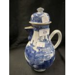18th cent. Chinese export blue and white coffee pot and cover with building and landscape decoration