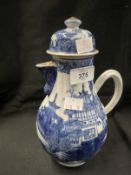 18th cent. Chinese export blue and white coffee pot and cover with building and landscape decoration