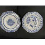 18th cent. Chinese blue and white dinner plate decorated with a figure and animal on a boat. 8¾