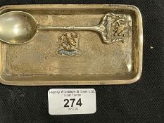 Militaria/Royal Navy: H.M.S. Hood hallmarked silver pin tray. 4½ins. Plus a Hood souvenir spoon.