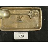 Militaria/Royal Navy: H.M.S. Hood hallmarked silver pin tray. 4½ins. Plus a Hood souvenir spoon.