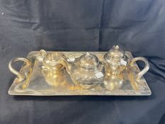 White metal Chinese silver three piece tea set and rectangular tray, 19ins. x 11½ins, with two