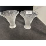 Lalique: Clear crystal vases of trumpet flared tapered form with insect design decoration in