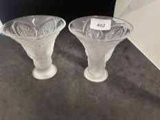 Lalique: Clear crystal vases of trumpet flared tapered form with insect design decoration in