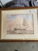 English School: Watercolour on paper, three mast man of war at sea, framed and glazed, with