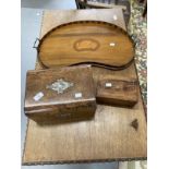 Edwardian shell inlaid kidney shaped tray, a walnut box with mother of pearl inlay and a rosewood