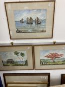 Simon Yew (1898-1983): Watercolours, scenes of Borneo. Junks at Sail, House on Beach, Tree in