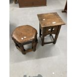20th cent. Elm and beech wheel back carver, leather topped hexagonal stool plus small oak side