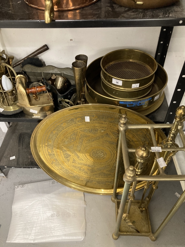 20th cent. Brass: Endecotts test sieve (12ins), unmarked sieves (8ins) x 2, mortar and pestle,