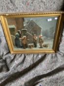 19th cent. Irish School: Oil on canvas, three boys helping an elderly woman in the snow, entitled to