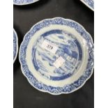 19th cent. Chinese blue and white wavy edged shaped dishes decorated with buildings, landscape and