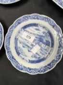 19th cent. Chinese blue and white wavy edged shaped dishes decorated with buildings, landscape and