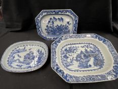 18th cent. Chinese blue and white platters one 15ins with small rim chip, the other 11ins