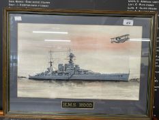 Royal Navy: 20th cent. English School watercolour of Hood by Petty Officer Engleman in Portsmouth