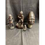 Treen/African: Carved busts and figures plus cast figure of a black boy. 5ins.