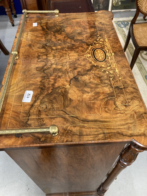 Victorian burr walnut inlaid music cabinet the top with engraved turned brass rail, single glazed - Image 2 of 2