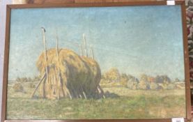 Follower of Abram Arkhipov, oil on canvas board, landscape with a haystack in a field,