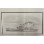 Simon Fisher: Pencil drawing of H.M.S. Hood in action, signed bottom right. 10ins. x 5½ins.