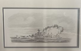 Simon Fisher: Pencil drawing of H.M.S. Hood in action, signed bottom right. 10ins. x 5½ins.