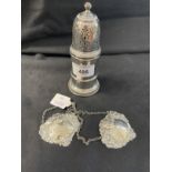 Hallmarked Silver: Sugar dredge Birmingham 1958 and two decanter labels Sherry and Port. 5.47ozt.