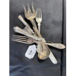 Hallmarked Silver: Flatware, eight items, pickle forks, cream ladles, plus others. Various hallmarks