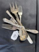 Hallmarked Silver: Flatware, eight items, pickle forks, cream ladles, plus others. Various hallmarks
