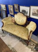 Edwardian upholstered mahogany two seater Grand Salon sofa, cabriole supports.