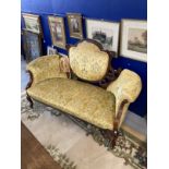 Edwardian upholstered mahogany two seater Grand Salon sofa, cabriole supports.