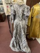 18th/19th cent. Rococo ball gown, grey embroidered silk, leg on mutton sleeves, very small size.