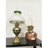 Late 19th/early 20th cent. Oil lamps brass Veritas with white/green globe stamp to base. Plus