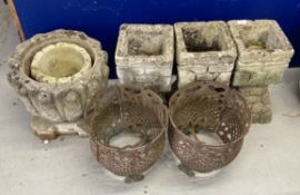 Garden Stoneware: Mixed lot of seven concrete pots. Plus two iron planters. (9)