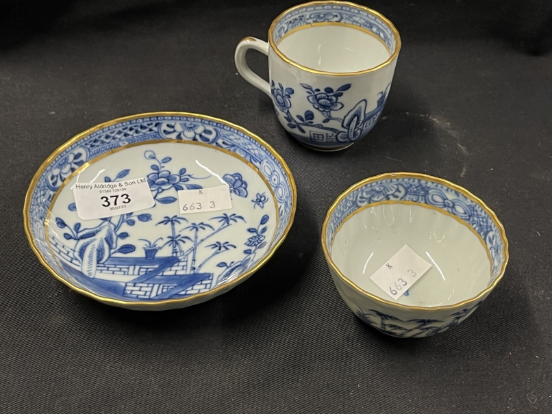 Chinese porcelain Qianlong period c1785 blue and white saucer, tea bowl and cup, house with palm