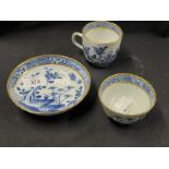 Chinese porcelain Qianlong period c1785 blue and white saucer, tea bowl and cup, house with palm