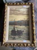 English School: 19th cent. Oil on board, Thames barges on the river at twilight, unsigned, framed.