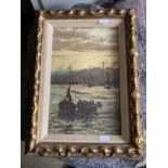 English School: 19th cent. Oil on board, Thames barges on the river at twilight, unsigned, framed.