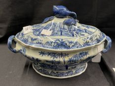 Chinese 18th cent. Blue and white porcelain shaped tureen and cover with a pomegranate handle to the