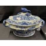 Chinese 18th cent. Blue and white porcelain shaped tureen and cover with a pomegranate handle to the