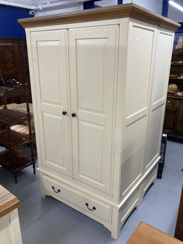 20th cent. Two door wardrobe with moulded oak cornice above two cream painted doors above a single - Image 2 of 2