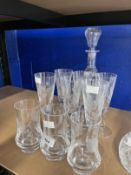 20th cent. Handmade etched glass, champagne flutes x 6, drinking glasses x 3 signed by Steve