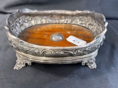 Victorian hallmarked silver and wood oval shaped cognac coaster with a silver disc set into wooden
