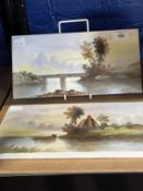 20th cent. Ceramics: Decorated tile plaques, riverside studies, signed L. Audrey, a pair. 12ins. x