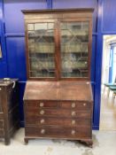 Late 18th cent. Mahogany bureau bookcase, the moulded cornice above two astragal glazed doors, three