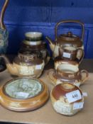 Doulton, Royal and Lambeth salt glazed sprigged ware (Harvest) teapots, sugar, milk jug, small