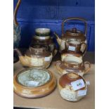 Doulton, Royal and Lambeth salt glazed sprigged ware (Harvest) teapots, sugar, milk jug, small